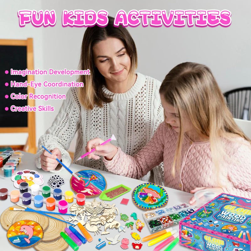 klmars Mermaid Themed Wooden Painting Kit-Glow in The Dark-Arts & Crafts Gifts for Kids Girls Ages 6-12-Wood Slice Craft Activities Kits -Mermaid Art Toys for Kids Christmas Gifts - Image 5