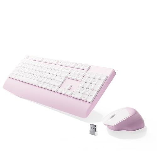 MPTOG Ergonomic Keyboard and Mouse Combo with Wrist Rest, BK Chipset, Full-Size Colorful Office Keyboard and Mouse, Power Button, USB Receiver for PC Laptop(Pink White) - Image 1