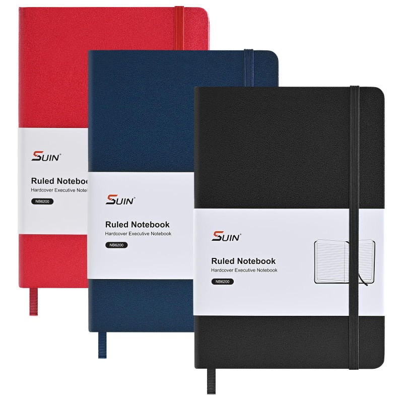 SUIN Lined Journal Notebooks for Work, School & Journaling â€“ Hardcover, Medium A5 Size 5.6 x 8 in, 160 Pages, 100 GSM Thick Paper for Note Taking & Writing (Black/Blue/Red-3Pack) - Image 1