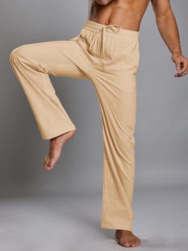 PASLTER Mens Casual Linen Pants Loose Fit Straight-Legs Elastic Drawstring Waist Summer Beach Long Pant - Image 3