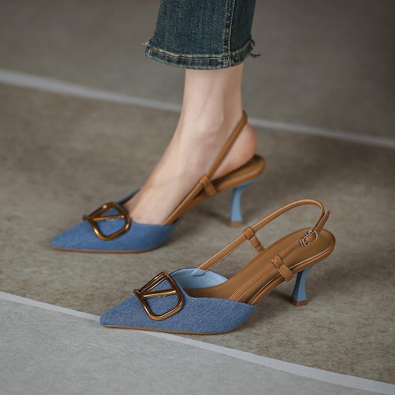 Korean Style Commuter Style Slimming Pointed Toe Stiletto Shoes New Style Versatile Denim High-Heeled Sandals - Image 2
