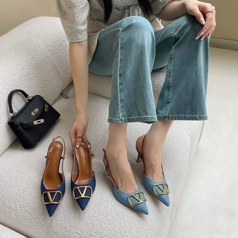 Korean Style Commuter Style Slimming Pointed Toe Stiletto Shoes New Style Versatile Denim High-Heeled Sandals - Image 3