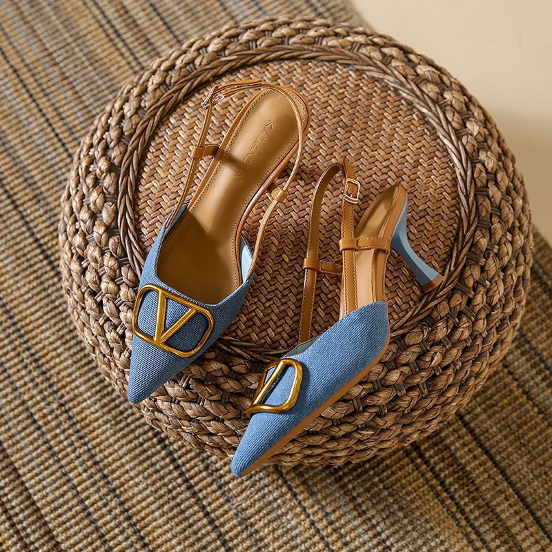 Korean Style Commuter Style Slimming Pointed Toe Stiletto Shoes New Style Versatile Denim High-Heeled Sandals - Image 1