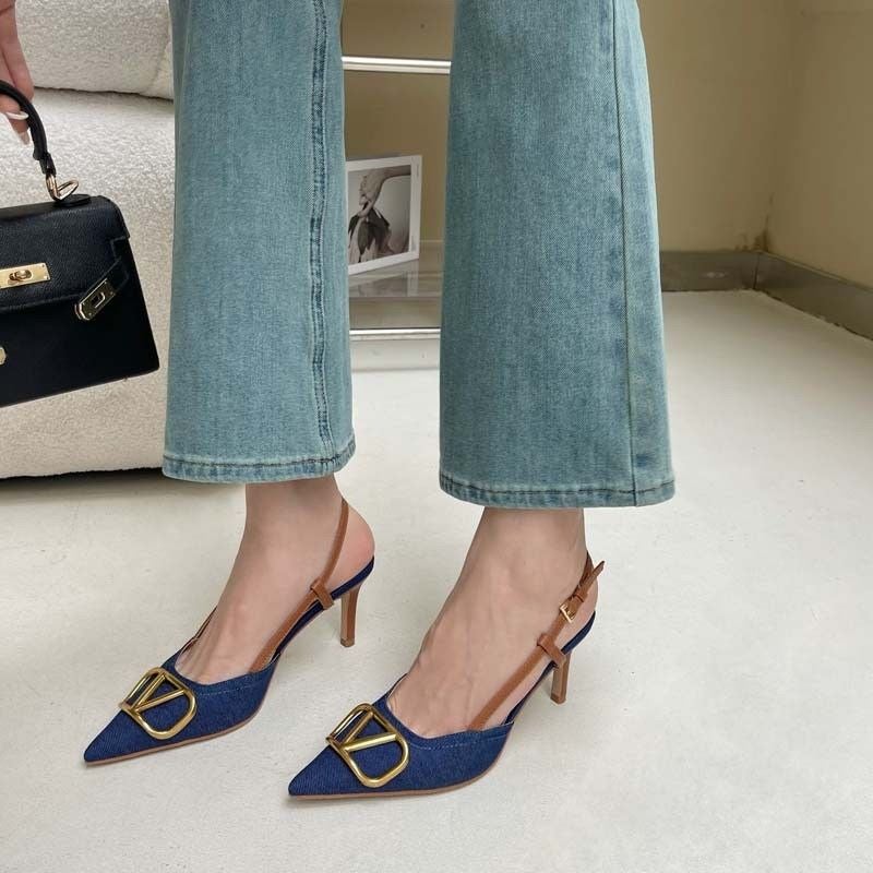 Korean Style Commuter Style Slimming Pointed Toe Stiletto Shoes New Style Versatile Denim High-Heeled Sandals - Image 4