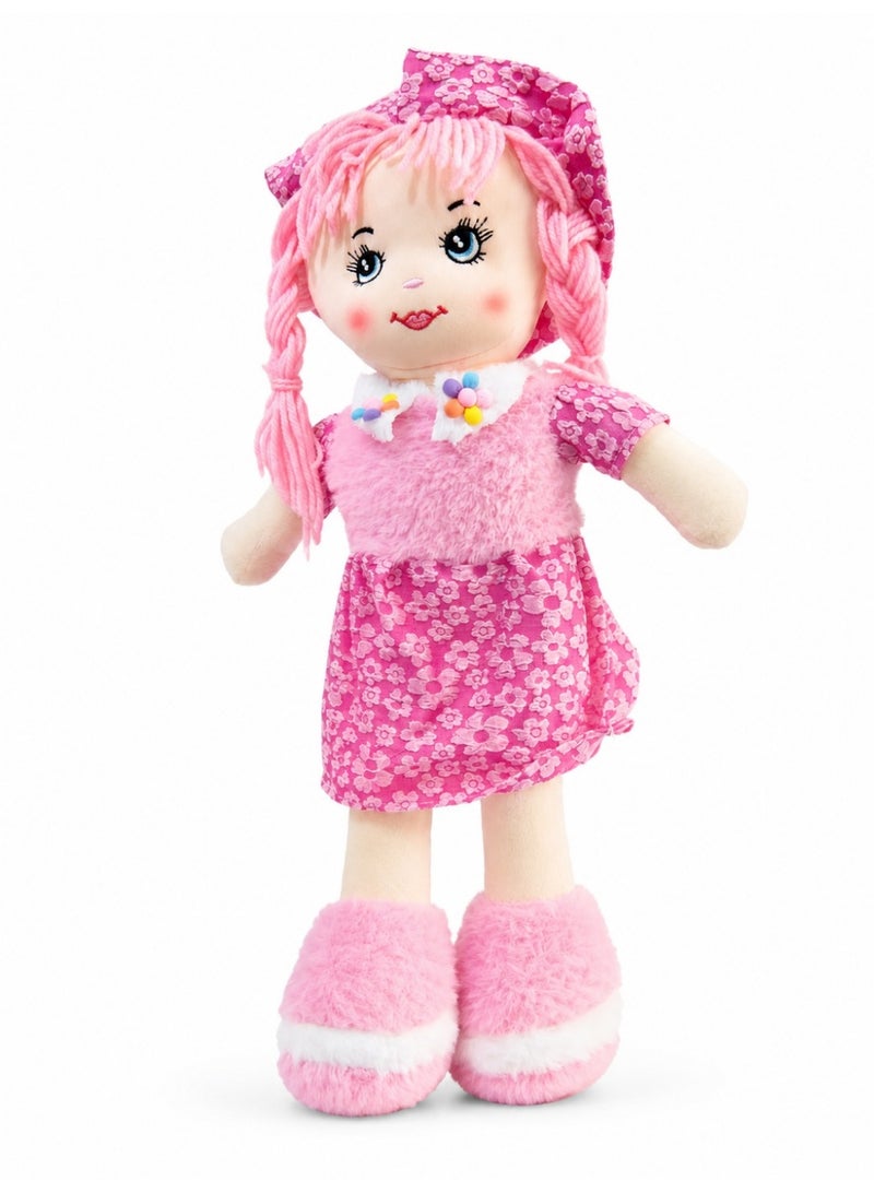 Soft Plush Rag Doll for Girls with Pink Dress, Hat and Braided Hair - Cute Stuffed Toy for Kids - Image 3