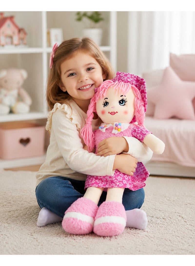 Soft Plush Rag Doll for Girls with Pink Dress, Hat and Braided Hair - Cute Stuffed Toy for Kids - Image 4
