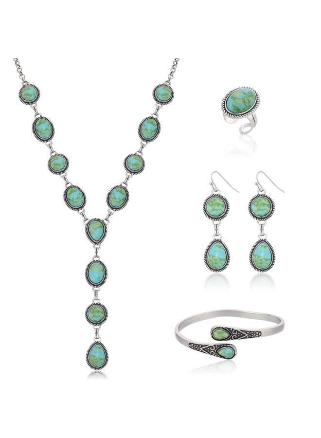 JMScape 4 PCS Western Turquoise Jewelry for Women Boho Vintage Navajo Pearl Necklace Earring Bracelet Ring Set Country Cowgirl Accessories for Gift, Large, Metal, Turquoise - Image 1