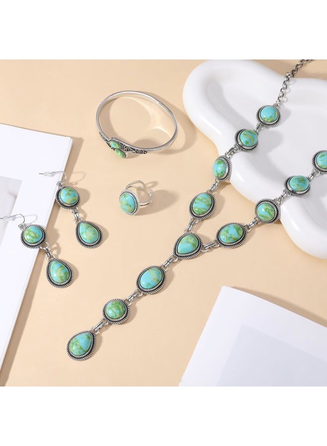 JMScape 4 PCS Western Turquoise Jewelry for Women Boho Vintage Navajo Pearl Necklace Earring Bracelet Ring Set Country Cowgirl Accessories for Gift, Large, Metal, Turquoise - Image 3
