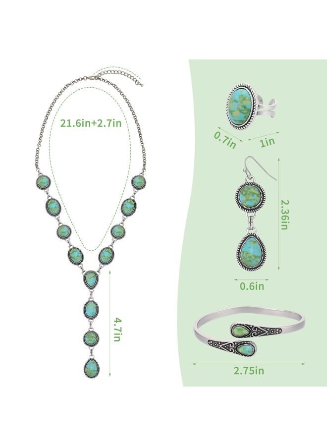 JMScape 4 PCS Western Turquoise Jewelry for Women Boho Vintage Navajo Pearl Necklace Earring Bracelet Ring Set Country Cowgirl Accessories for Gift, Large, Metal, Turquoise - Image 5