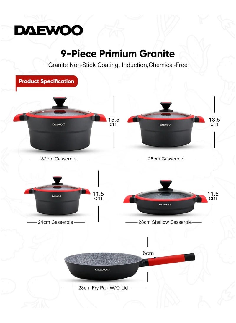 Daewoo 9 Piece Cookware Set – Die-Cast Aluminum, Granite Non-Stick Coating, Induction & Oven Safe, Chemical-Free – 32cm, 28cm, 24cm Pots, 28cm Fry Pan with Removable Handle, Shallow Casserole . - Image 4