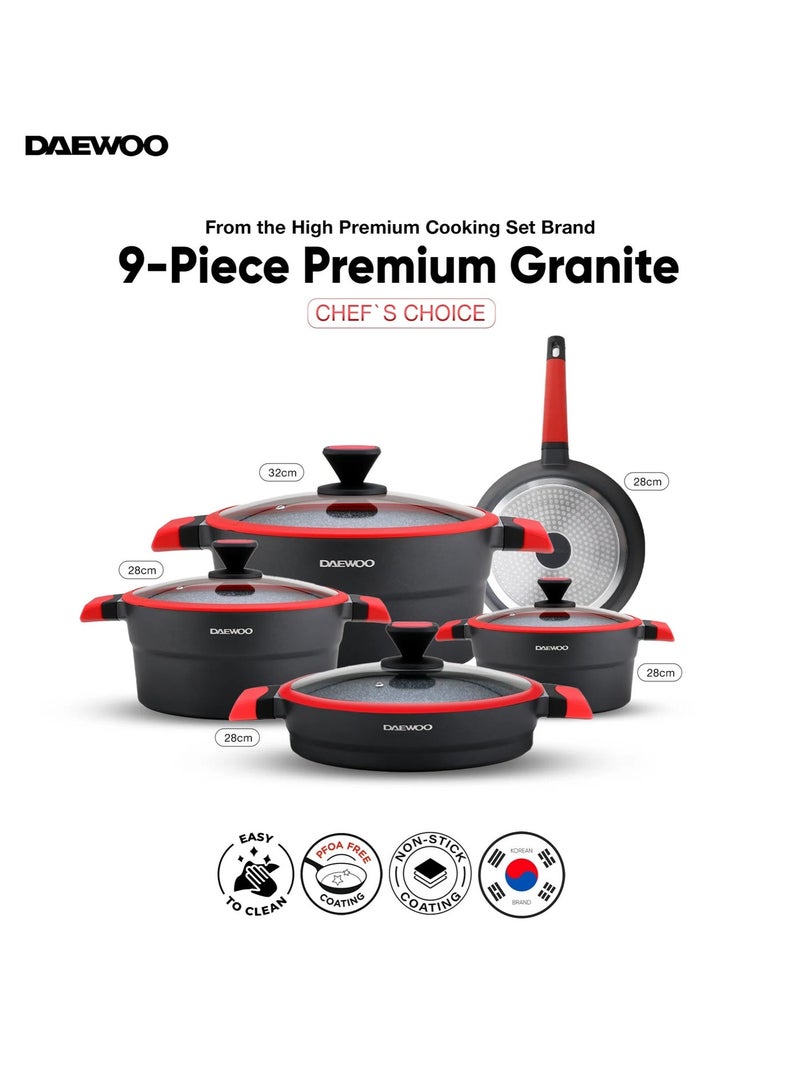 Daewoo 9 Piece Cookware Set – Die-Cast Aluminum, Granite Non-Stick Coating, Induction & Oven Safe, Chemical-Free – 32cm, 28cm, 24cm Pots, 28cm Fry Pan with Removable Handle, Shallow Casserole . - Image 3