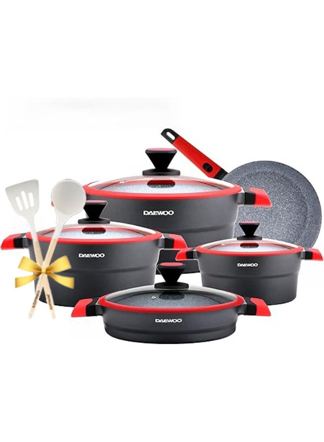Daewoo 9 Piece Cookware Set – Die-Cast Aluminum, Granite Non-Stick Coating, Induction & Oven Safe, Chemical-Free – 32cm, 28cm, 24cm Pots, 28cm Fry Pan with Removable Handle, Shallow Casserole . - Image 1