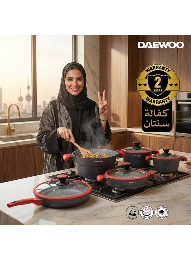 دايو طقم أواني طهي دايوو مكوّن من 11 قطع – ألمنيوم مصبوب، طلاء جرانيت غير لاصق، صالح لجميع أنواع المواقد والفرن، خالٍ من المواد الكيميائية – قدور 32 سم، 28 سم، 24 سم، مقلاة 28 سم بمقبض قابل للإزالة، طاجن سطحي. - Image 2