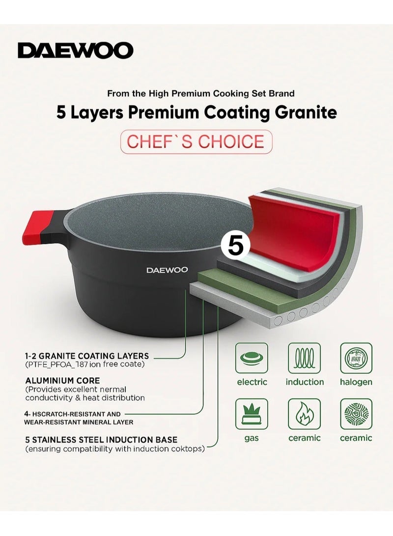 دايو طقم أواني طهي دايوو مكوّن من 11 قطع – ألمنيوم مصبوب، طلاء جرانيت غير لاصق، صالح لجميع أنواع المواقد والفرن، خالٍ من المواد الكيميائية – قدور 32 سم، 28 سم، 24 سم، مقلاة 28 سم بمقبض قابل للإزالة، طاجن سطحي. - Image 4