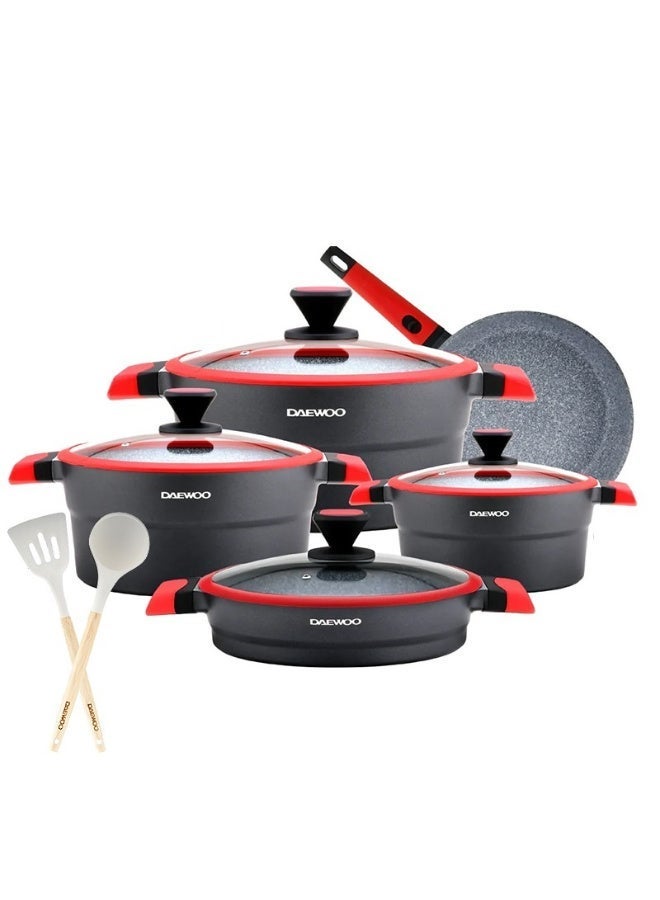 دايو طقم أواني طهي دايوو مكوّن من 11 قطع – ألمنيوم مصبوب، طلاء جرانيت غير لاصق، صالح لجميع أنواع المواقد والفرن، خالٍ من المواد الكيميائية – قدور 32 سم، 28 سم، 24 سم، مقلاة 28 سم بمقبض قابل للإزالة، طاجن سطحي. - Image 1