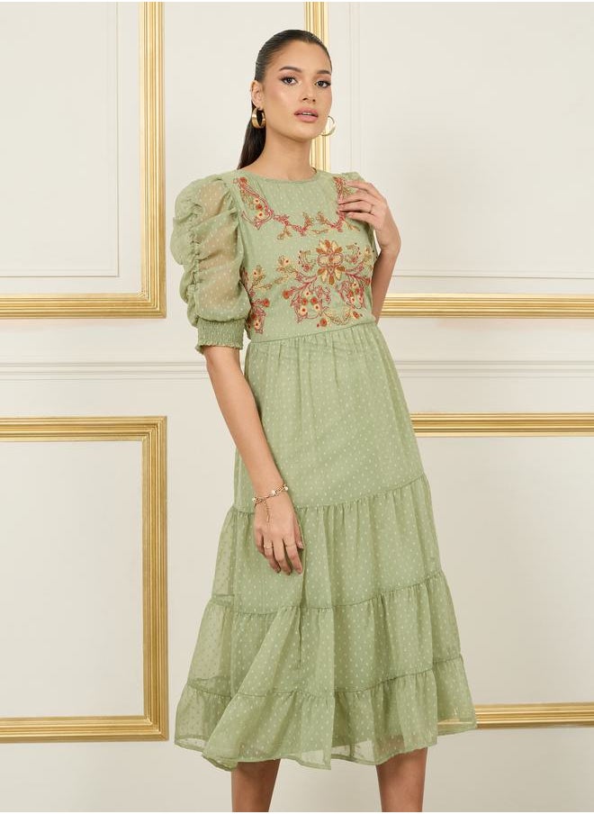 Styli Dobby Embroidered Ruched Detail Sleeves Tiered Midi Dress  - Image 2