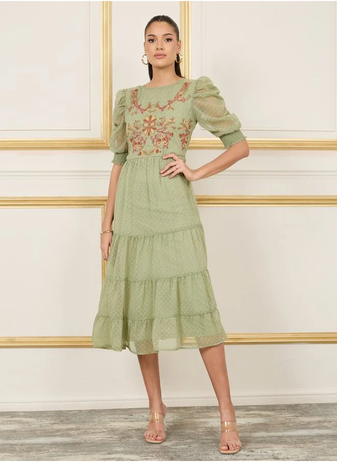 Styli Dobby Embroidered Ruched Detail Sleeves Tiered Midi Dress