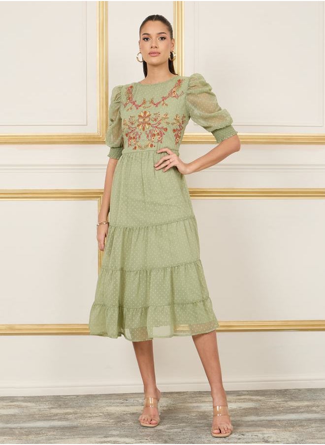 Styli Dobby Embroidered Ruched Detail Sleeves Tiered Midi Dress  - Image 1