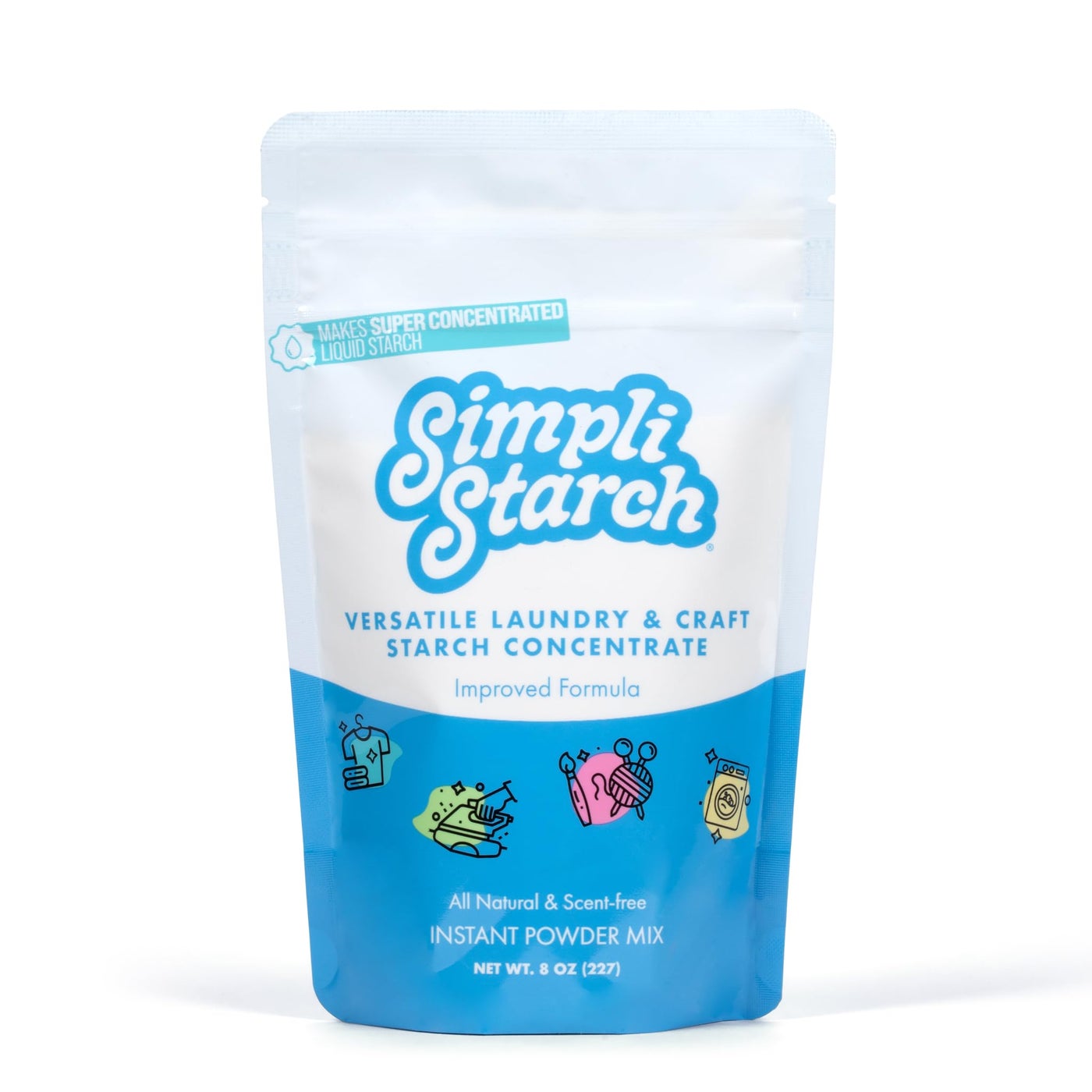 Simpli Starch® Dissolvable Starch Powder Mix. Makes Two Full 64 Oz Liquid Starch. Perfect For Laundry and Ironing, Add Directly to Your Washer. Ideal for Paper Mâché, Silly Putty, Playdough - 8oz (1)