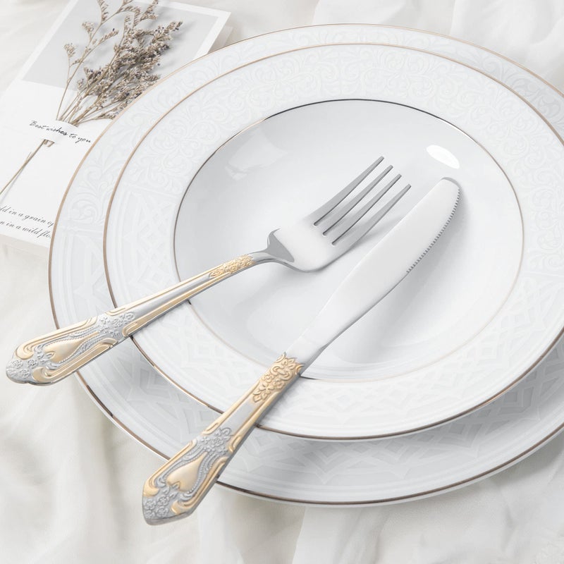 HF HOFTEN Silverware Set Limited Edition â€“ 20 Piece Flatware Set â€“ Cutlery Set for 4 â€“ Silver Tableware Set w/Gold Accents â€“ Great for Family Gatherings & Daily Use â€“ Spoons, Knives, Teaspoons, Forks(Medallion) - Image 3