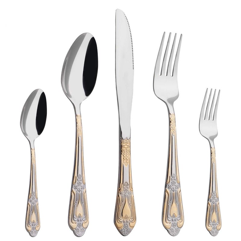 HF HOFTEN Silverware Set Limited Edition â€“ 20 Piece Flatware Set â€“ Cutlery Set for 4 â€“ Silver Tableware Set w/Gold Accents â€“ Great for Family Gatherings & Daily Use â€“ Spoons, Knives, Teaspoons, Forks(Medallion) - Image 1