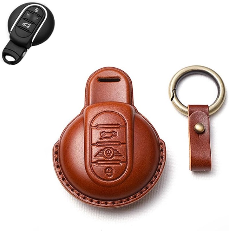 SANRILY Key Fob Cover Fit for Mini Cooper Keyless, Brown, Round Short Key Ring - Image 1