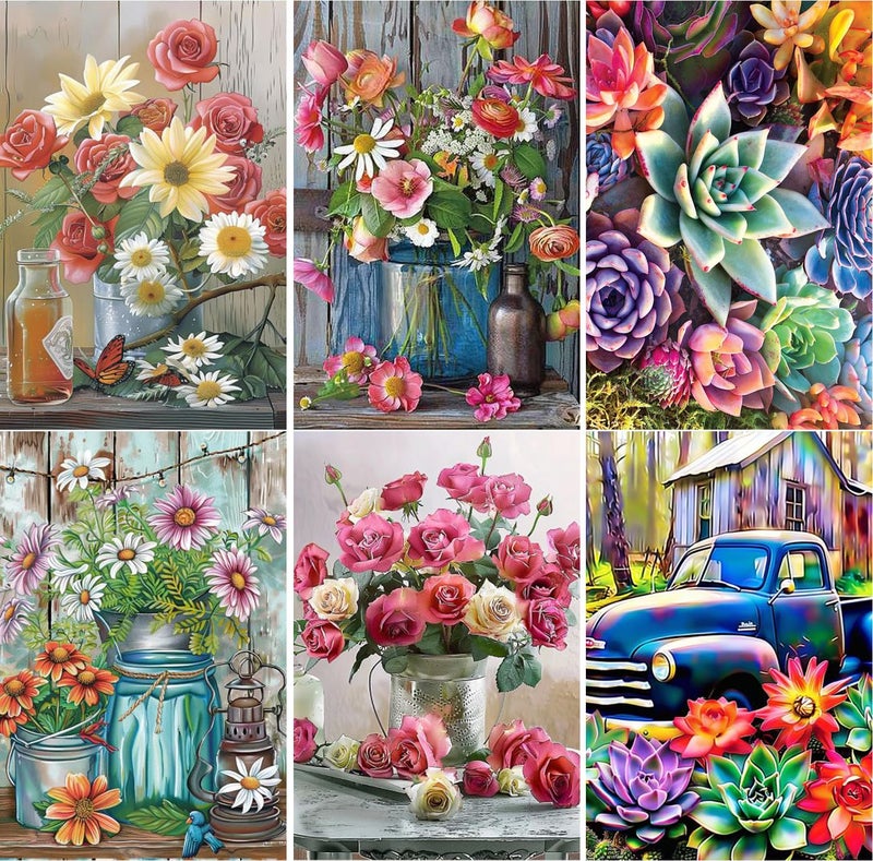 EWJRNSF 6 Pack 5D Diamond Painting Kits for Adults Beginners Diamond Arts Kits Diamond Art SetsGem Painting Arts Crafts Home Wall Decoration 118x157 Inches Flowers
