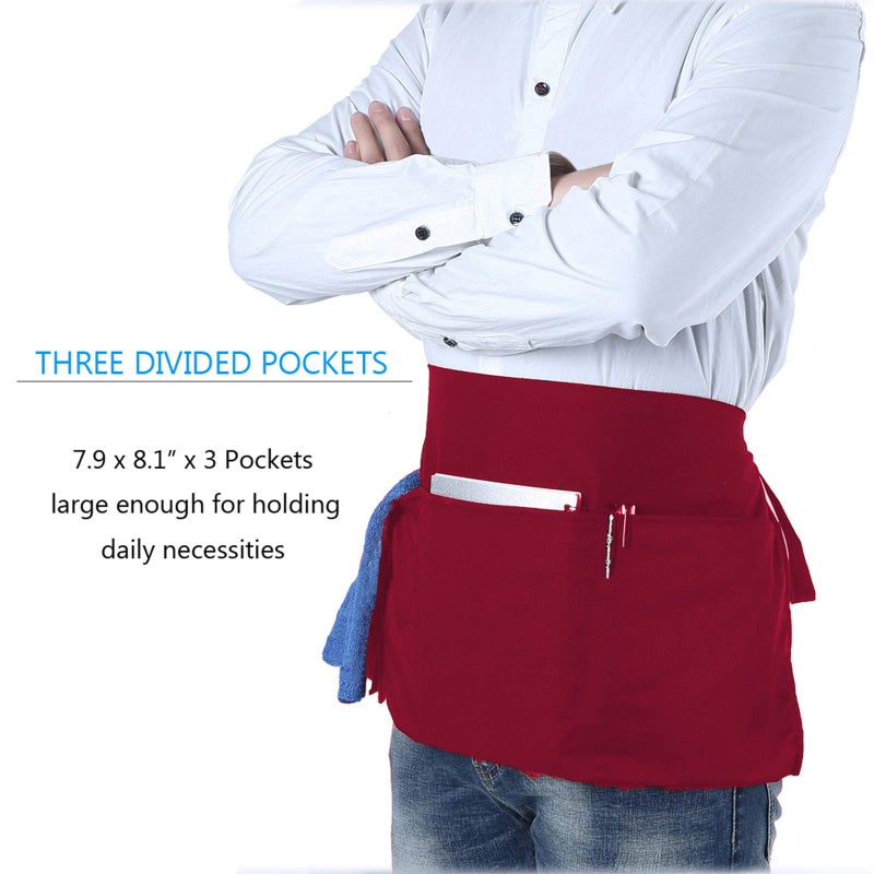 BOHARERS Waist Apron with 3 Pockets 3 Pack - Red Waitress Server Short Apron - Image 5