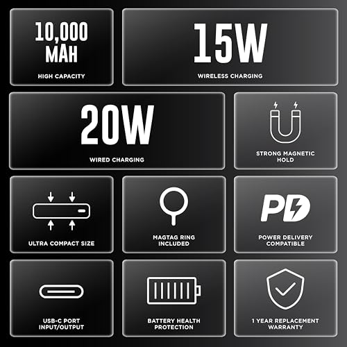 URBN 10000mAh Frost MagSafe Power Bank with Built-in Stand | 15W Magnetic Wireless Charging | 20W USB-C PD Fast Charging | Ultra Compact | Pass-Through Charging | MagTag Ring | (Black) - Image 3