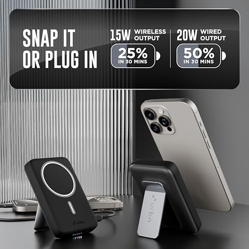 URBN 10000mAh Frost MagSafe Power Bank with Built-in Stand | 15W Magnetic Wireless Charging | 20W USB-C PD Fast Charging | Ultra Compact | Pass-Through Charging | MagTag Ring | (Black) - Image 4