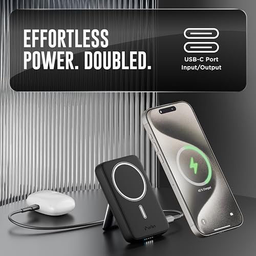 URBN 10000mAh Frost MagSafe Power Bank with Built-in Stand | 15W Magnetic Wireless Charging | 20W USB-C PD Fast Charging | Ultra Compact | Pass-Through Charging | MagTag Ring | (Black) - Image 5