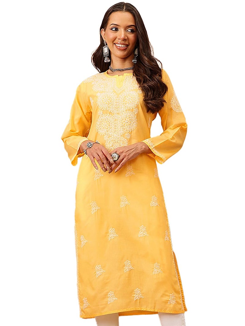 Ada Women's Straight Cotton Kurta Lucknowi Hand Embroidered Chikan Kurti Tunic A197517 (2XL, Yellow) - Image 1