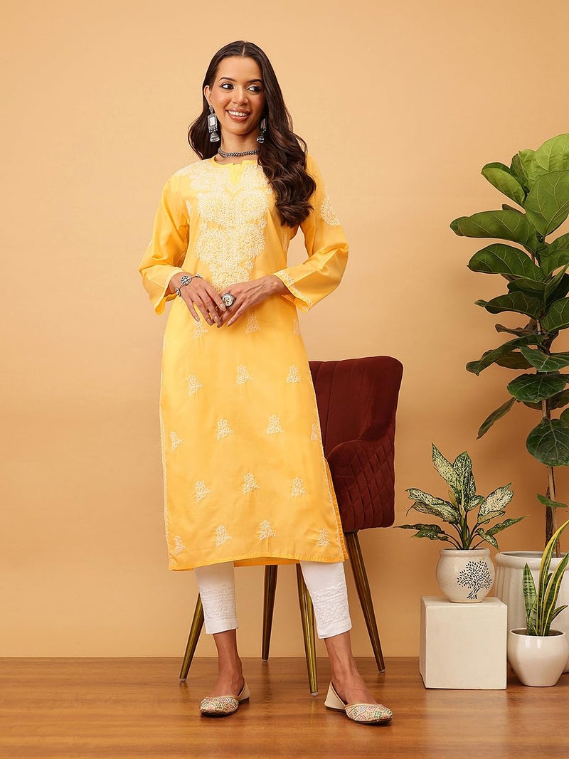 Ada Women's Straight Cotton Kurta Lucknowi Hand Embroidered Chikan Kurti Tunic A197517 (2XL, Yellow) - Image 5