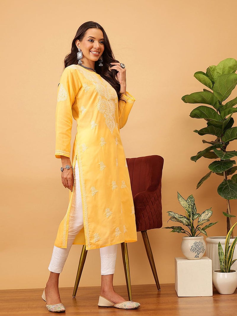 Ada Women's Straight Cotton Kurta Lucknowi Hand Embroidered Chikan Kurti Tunic A197517 (2XL, Yellow) - Image 4