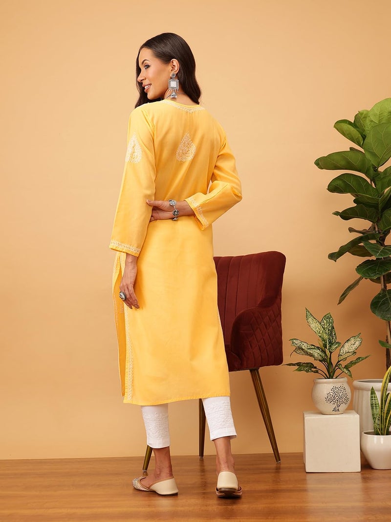 Ada Women's Straight Cotton Kurta Lucknowi Hand Embroidered Chikan Kurti Tunic A197517 (2XL, Yellow) - Image 2
