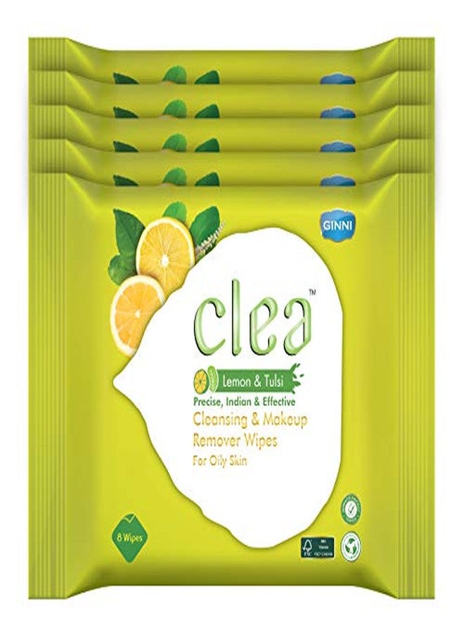 سيلا مناديل مبللة لإزالة المكياج برائحة الليمون والريحان للبشرة الدهنية - تزيل الزيوت الزائدة، ترطب، تمنع ظهور حب الشباب، ترطب البشرة - عبوة من 5 قطع (8 مناديل في كل عبوة، حجم المنديل: 150 مم × 140 مم) - Image 1