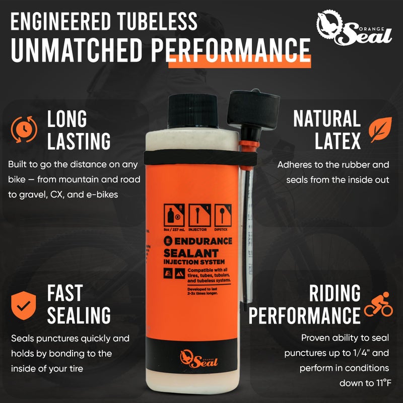 Orange Seal - Endurance Formula Tubeless Bike Tire Sealant with Injector | Long Lasting, Fast Sealing | for MTB, Road, CX and Gravel Bicycle Tires | 8oz w/Injector - Image 2