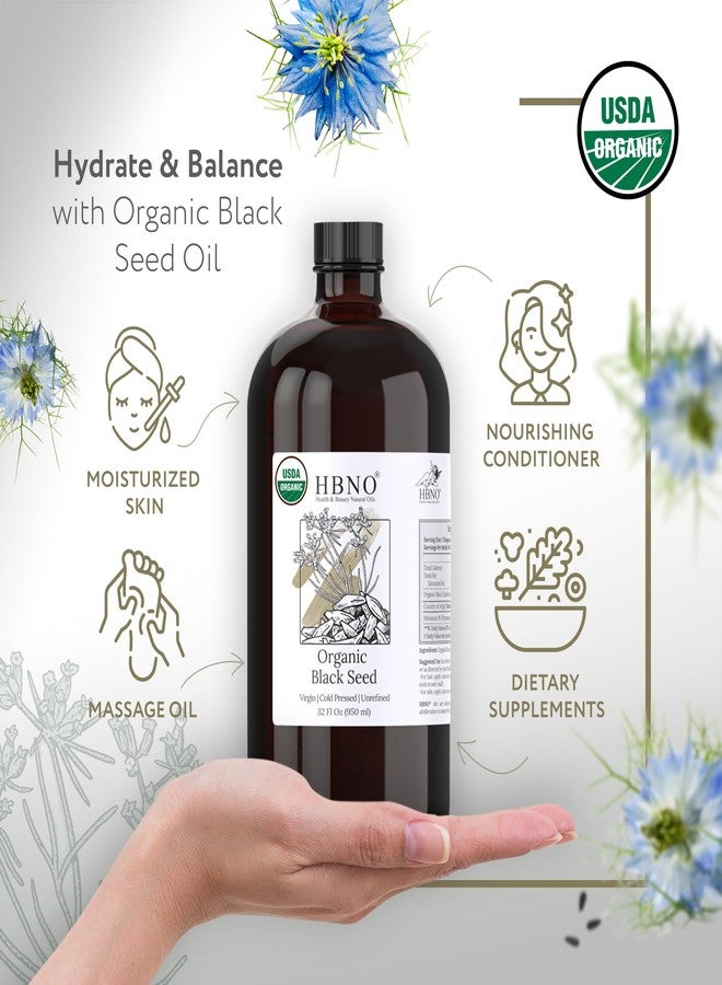 HBNO Organic Black Seed Oil - Huge 32oz (950ml) Glass Bottle Value Size - USDA Certified Organic Black Seed Oil, Cold Pressed for Face, Body, Lips, Shampoo & Conditioner - Image 2