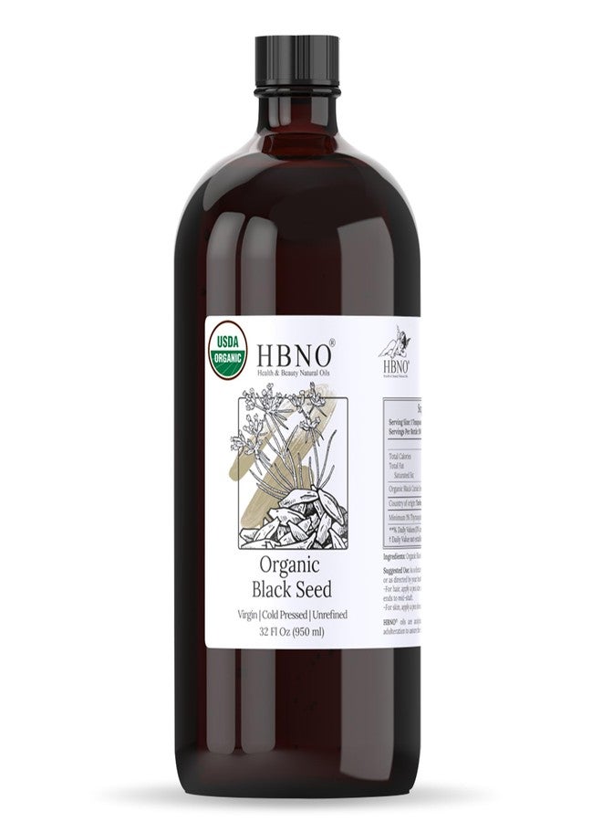 HBNO Organic Black Seed Oil - Huge 32oz (950ml) Glass Bottle Value Size - USDA Certified Organic Black Seed Oil, Cold Pressed for Face, Body, Lips, Shampoo & Conditioner - Image 1