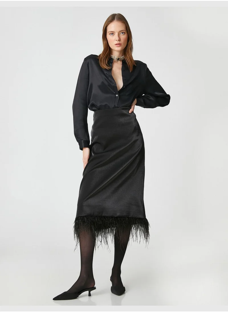 KOTON Feather Detail Satin Midi Skirt