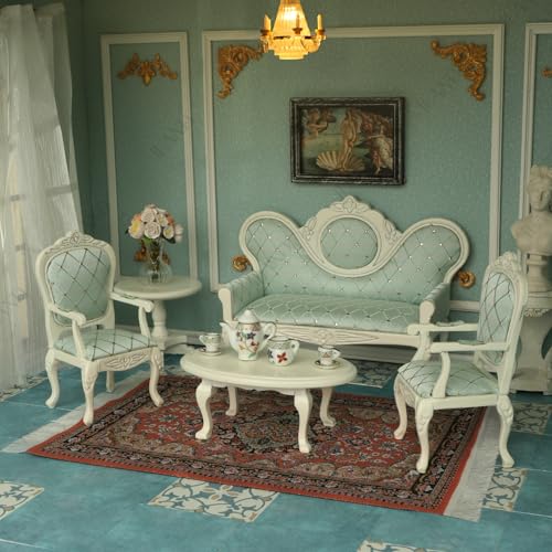 iLAND Victorian Dollhouse Furniture Set Doll House Furniture and Accessories Miniature Dollhouse Sofa with 112 Scale Accessories 8pcs Mothers Gift Wife Gift Bookshelf Dcor White Green - Image 1