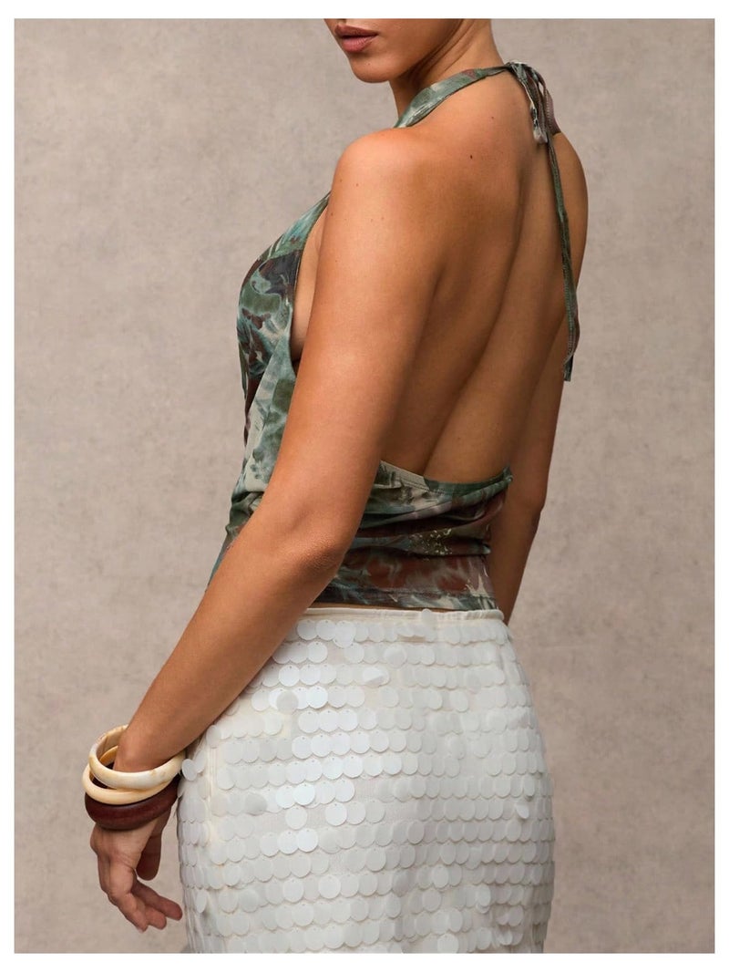 Top MakeMeChic Sexy Y2k Cowl Neck Halter Backless Olive Green - Image 3