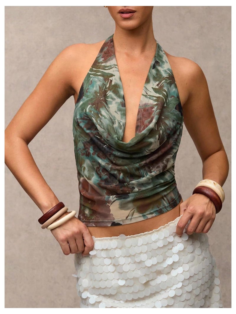 Top MakeMeChic Sexy Y2k Cowl Neck Halter Backless Olive Green - Image 4