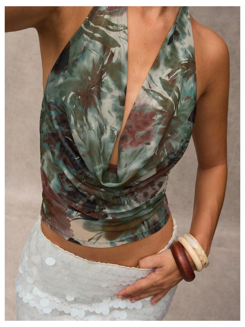 Top MakeMeChic Sexy Y2k Cowl Neck Halter Backless Olive Green - Image 2
