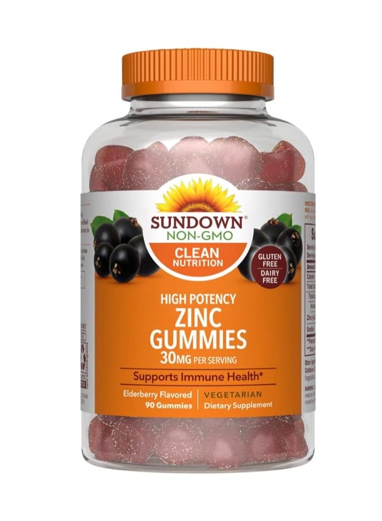 Sundown High Potency Zinc Gummies 30mg Supports Immune System Health Elderberry Flavor 90 gummies