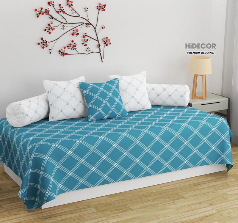 HIDECOR Super Soft Cotton Geometrical Diwan Set for Living Room - 6 Pieces With Single Bedsheet, 3 Cushion Covers, 2 Bolsters (Blue), 280 TC - Image 1