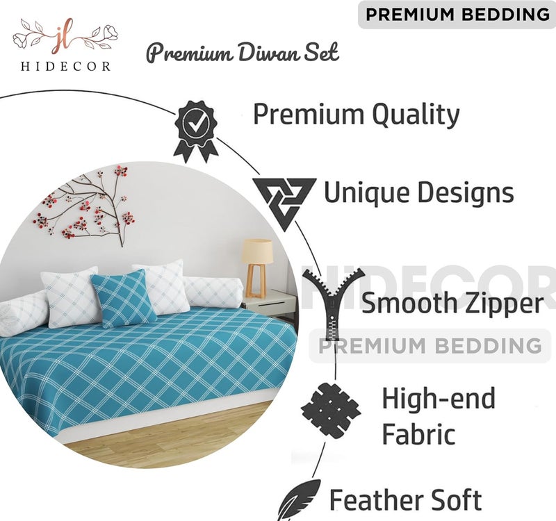 HIDECOR Super Soft Cotton Geometrical Diwan Set for Living Room - 6 Pieces With Single Bedsheet, 3 Cushion Covers, 2 Bolsters (Blue), 280 TC - Image 2