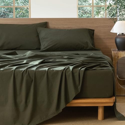 MooMee Bedding Sheet Set 100% Washed Cotton Linen Like Textured Breathable Durable Soft Comfy (Solid Olive Green, King) - Image 5