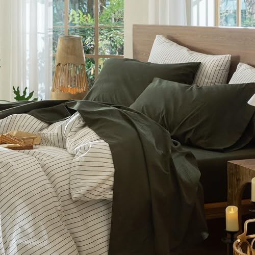 MooMee Bedding Sheet Set 100% Washed Cotton Linen Like Textured Breathable Durable Soft Comfy (Solid Olive Green, King) - Image 1