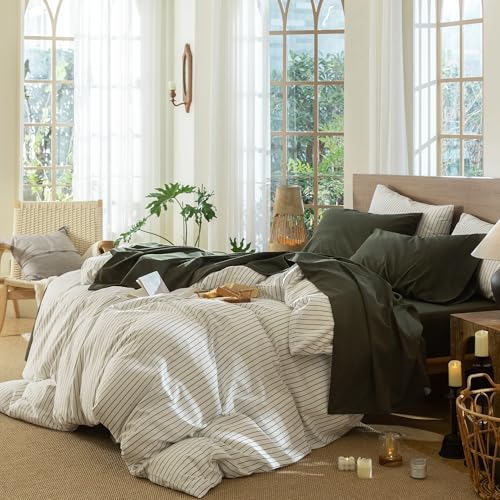 MooMee Bedding Sheet Set 100% Washed Cotton Linen Like Textured Breathable Durable Soft Comfy (Solid Olive Green, King) - Image 3
